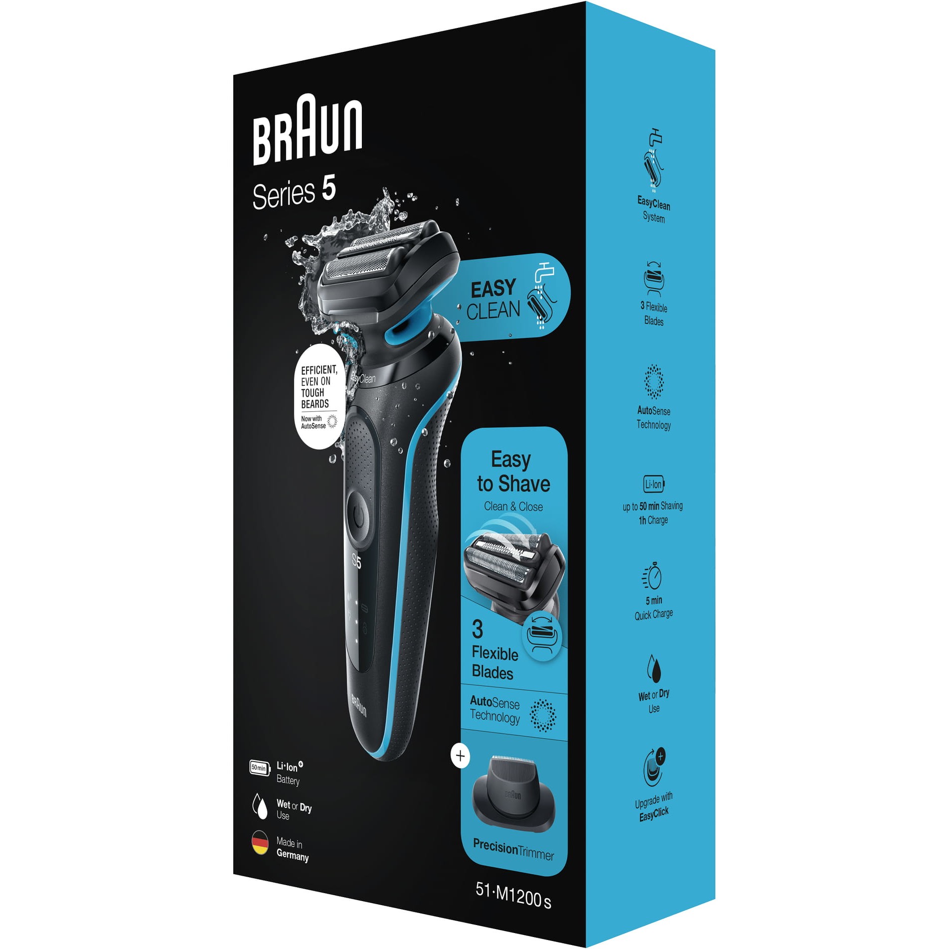 Makinë e rrojës Braun Series 5 51-M1200s, 3 elemente rroje, AutoSense, Wet & Dry, 50 minuta - Zezë/Blu 5