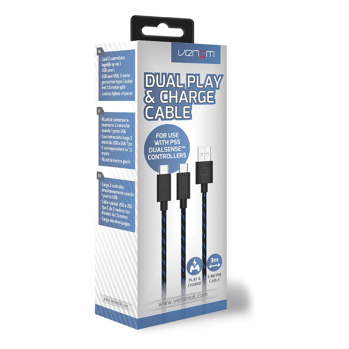 Aksesorë për Konsolë Venom VS5002 / PlayStation 5 / Dual Play & Charge Cable / USB-A në 2x USB-C / 3 m – Zezë/Blu 3