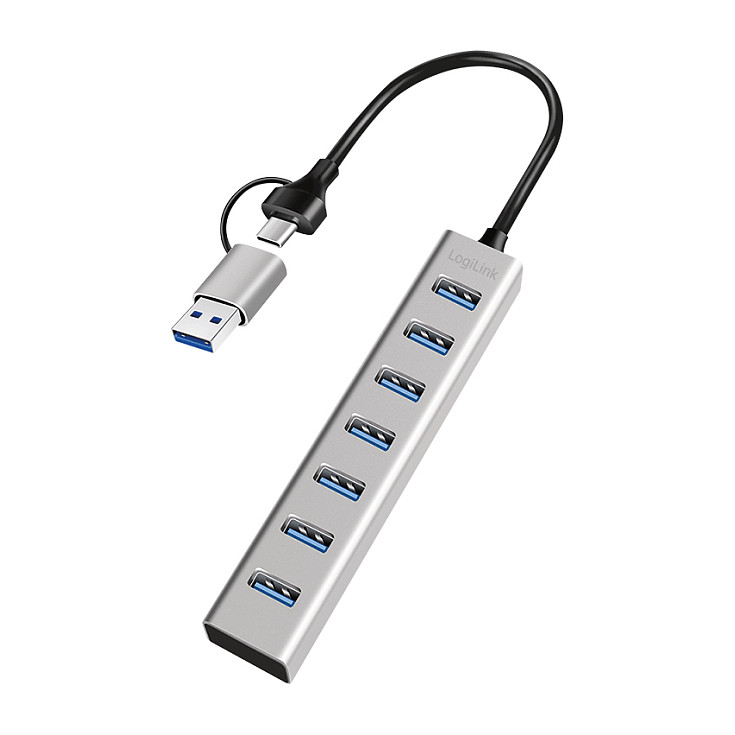 Hub USB-A LogiLink UA0441, 7x USB-A, USB 3.0, 5Gbps, kabllo 2-në-1, alumin - Argjend 2