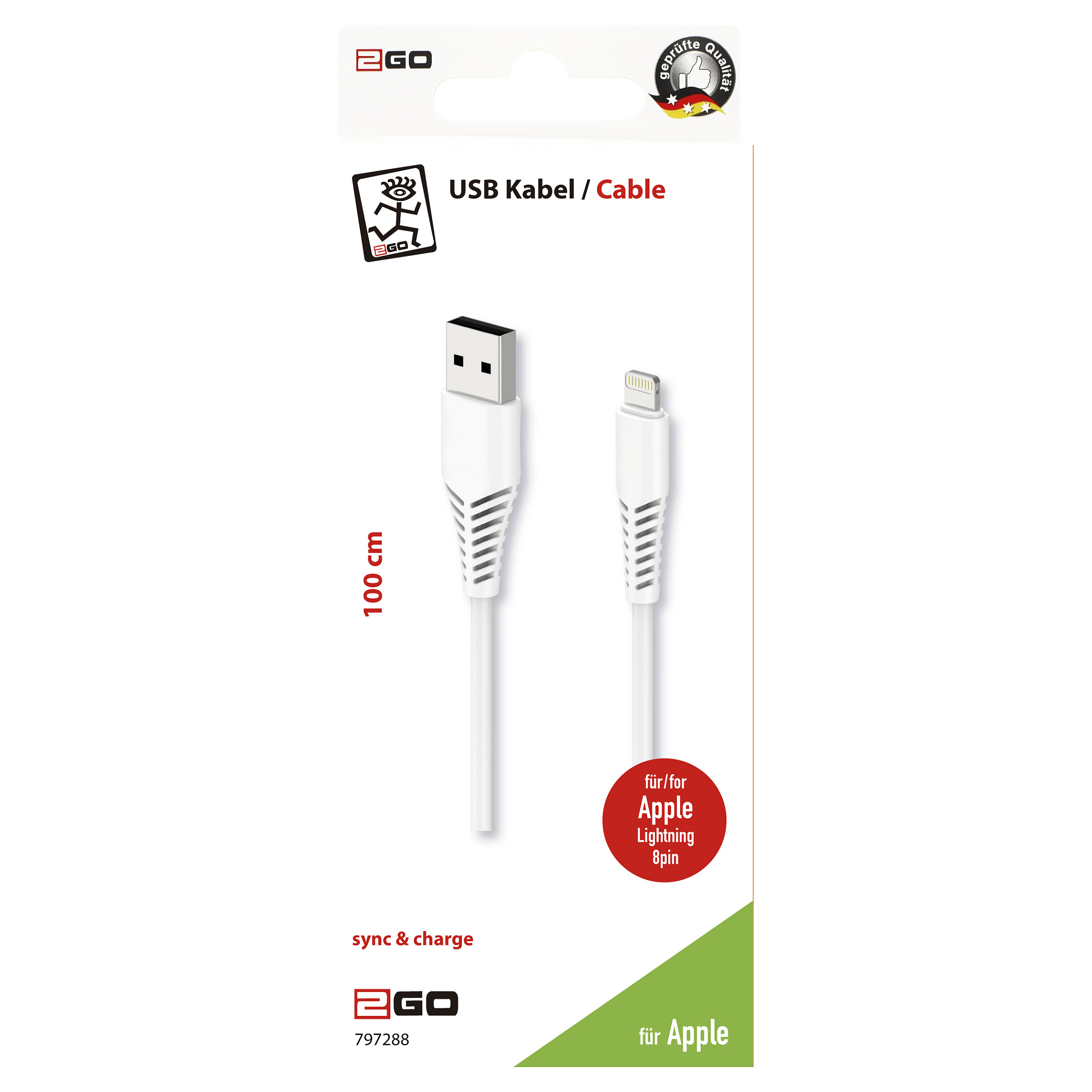 Kabllo 2GO 797288, USB-A në Lightning, 1 m, për Karikim dhe Transferim të Dhënash - Bardhë 2