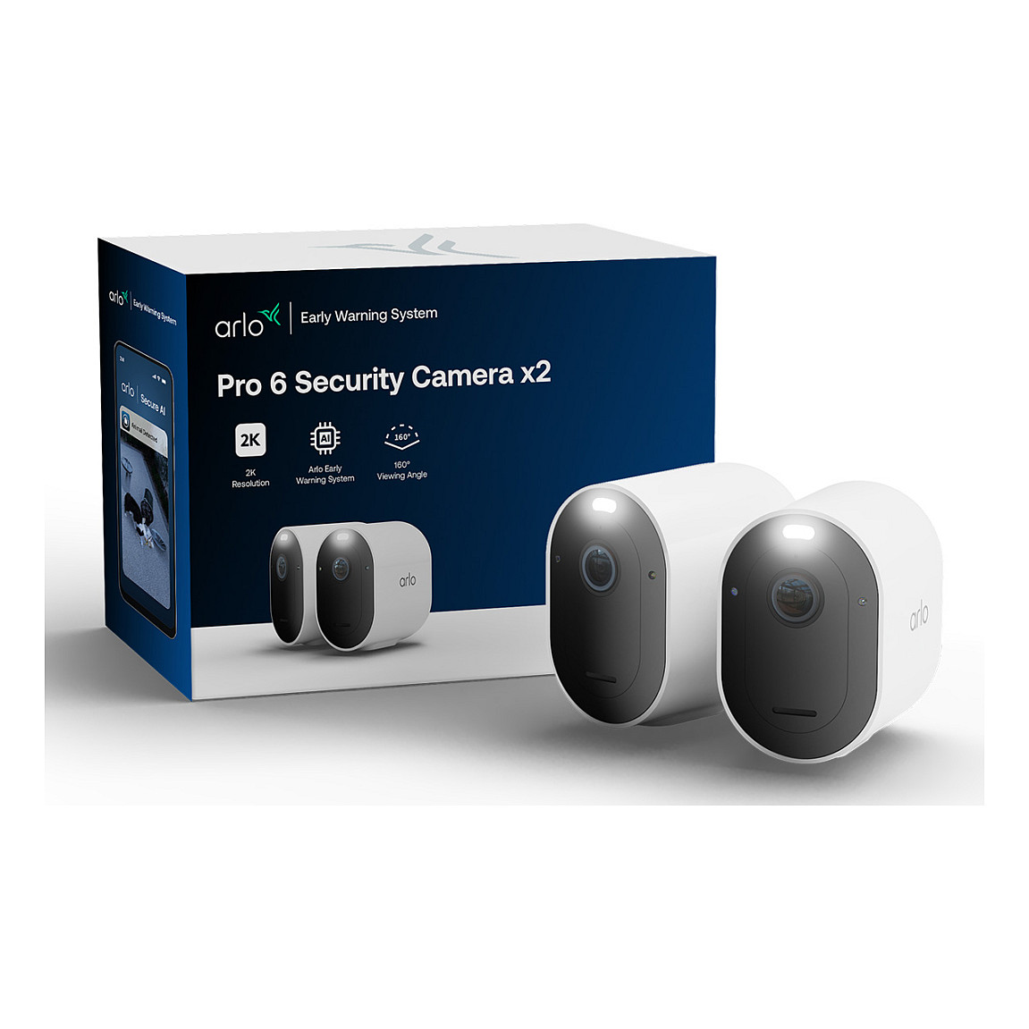 Kamerë Sigurie IP CCTV Arlo Pro 6 2K+, VMC4270P-100EUS, 4MP, 160°, Dual-Band Wi-Fi, Color Night Vision, 2-Way Audio, 2er Set - Bardhë