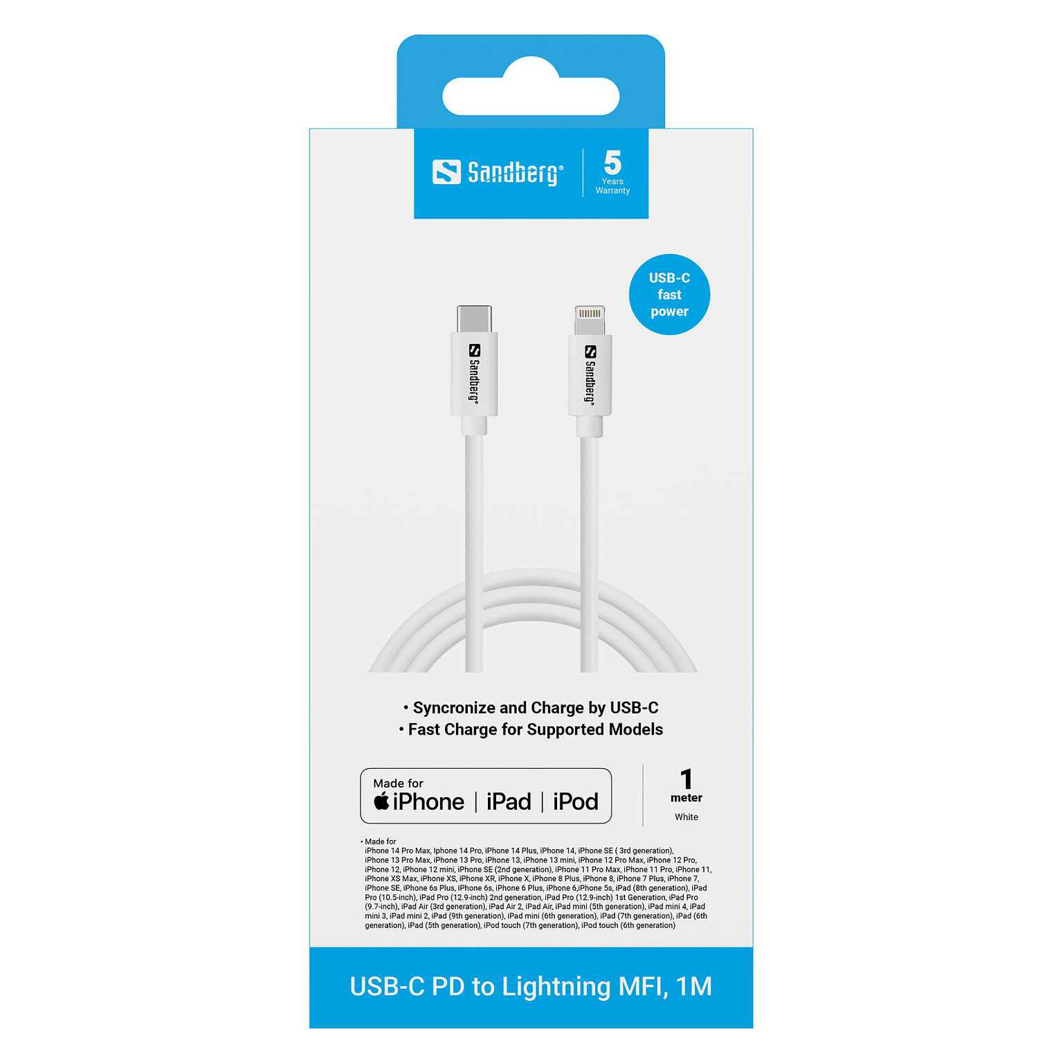Kabllo USB Sandberg 136-58, USB-C në Lightning, 1 m, USB 3.1 Gen 1, MFi - Bardhë 2