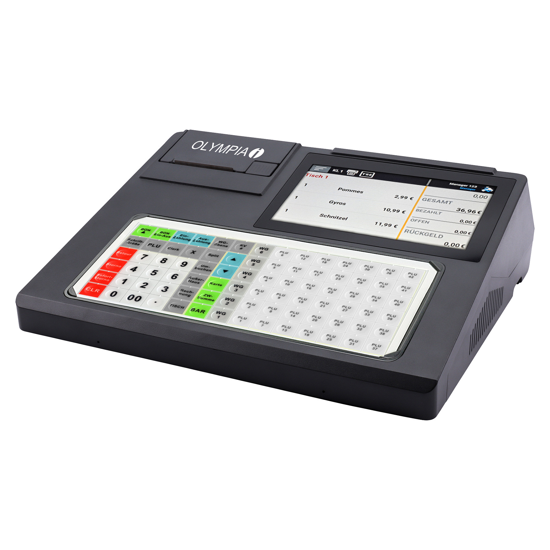 AIO (POS) System Olympia K200 Plus, Android 11, 84 taste, 7" Touchscreen, 80mm Printer Termal, 1x LAN + 4x USB-A + Serial + Kassenladen-Port - Zezë