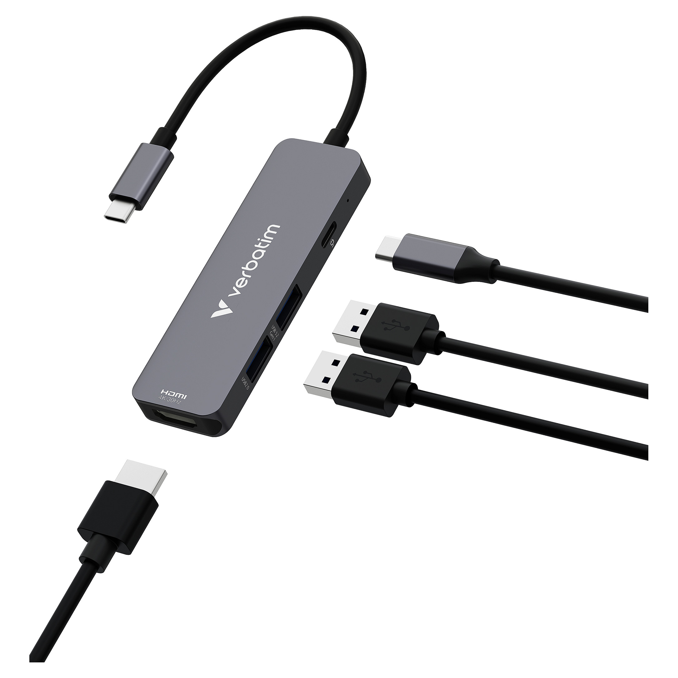 Hub USB-C Verbatim 32155, HDMI 4K@30Hz, USB-A 3.2 Gen 1 5 Gbps, USB-A 2.0, USB-C PD 100W, 18 cm – Gri 2