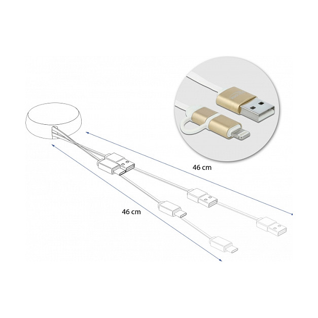 Kabllo USB DeLOCK 85820, USB 2.0 Type-A mashkull në Micro-B mashkull dhe Lightning mashkull, kabllo e tërheqshme 2 në 1, 0,92 m - Bardhë/Ari 4