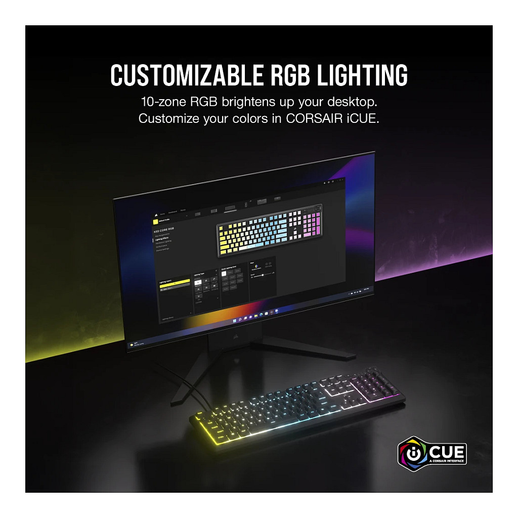 Tastierë Gaming Corsair K55 Core RGB / QWERTZ (DE) / Membrane / 110 Taste / 10-Zone RGB / 1000 Hz / 12-Key Rollover / 6 Makro / USB-A – Zezë 3