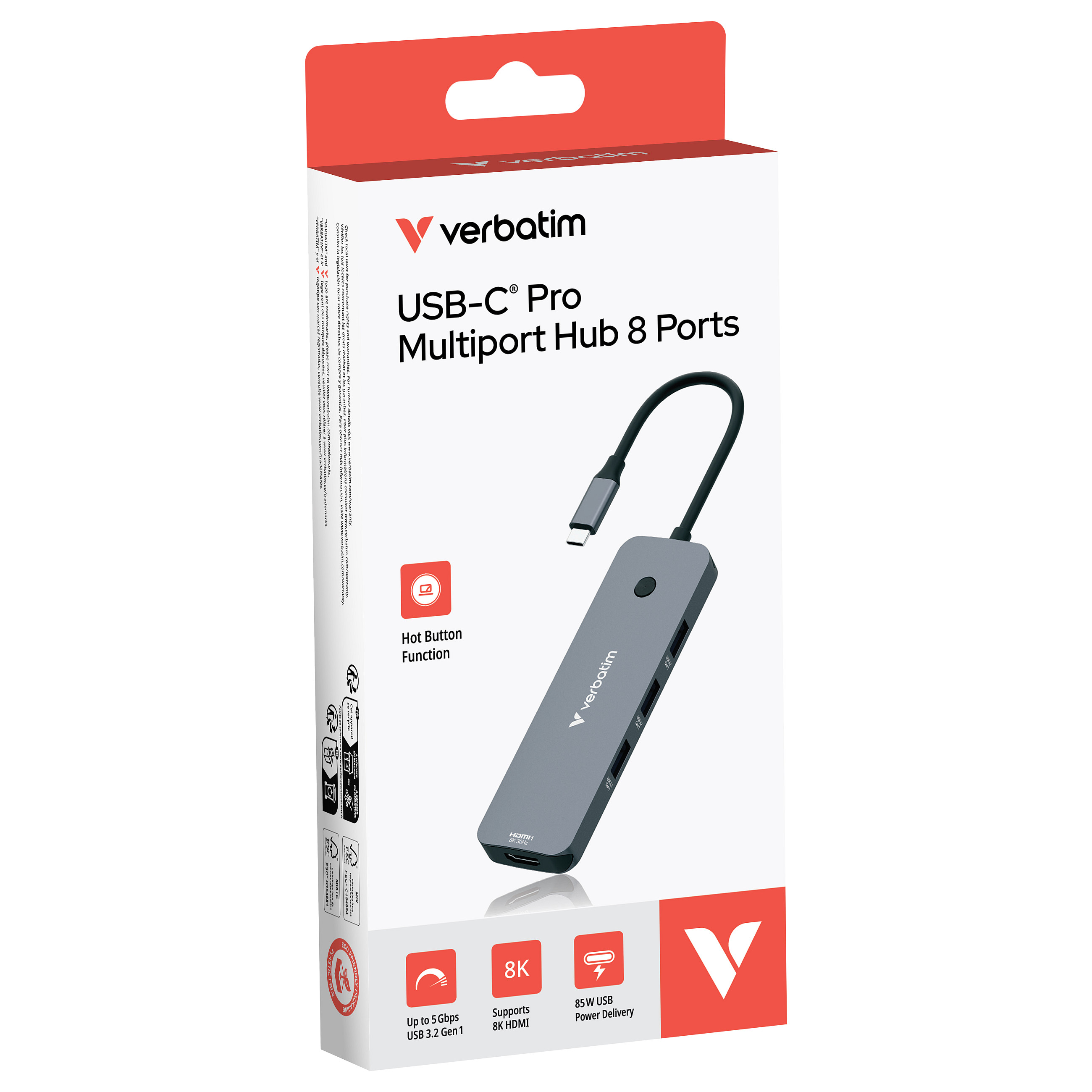 Hub USB-C Verbatim CMH-08, 2× HDMI, 3× USB-A, SD, microSD, USB-C PD 100W - Hiri 2