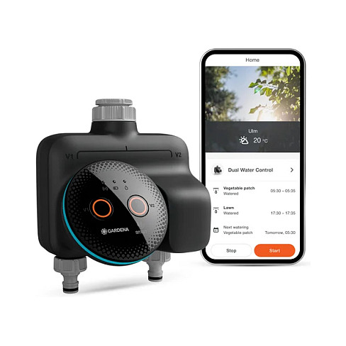 Kontrollues Inteligjent për Ujitje GARDENA smart Dual Water Control, 2 Zona, App, 0.5–12 bar, G3/4" dhe G1" - Zezë/Hiri