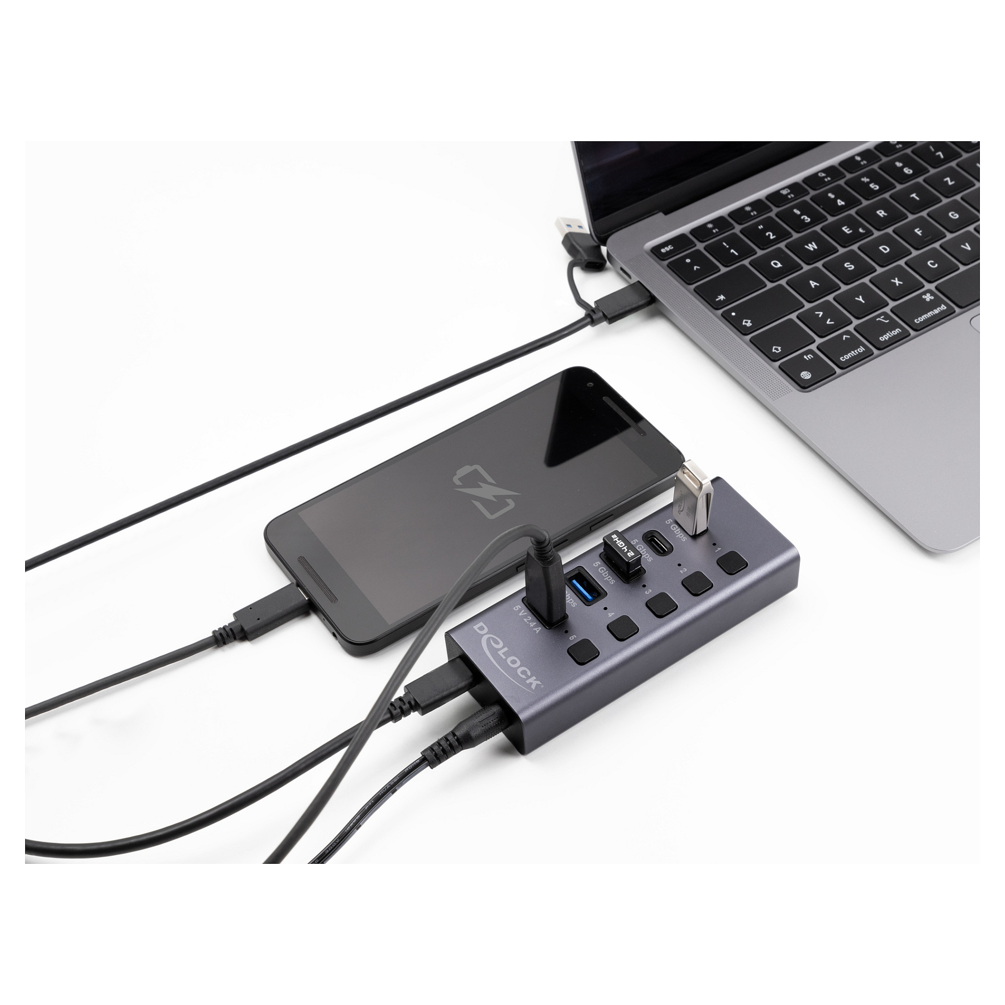 Hub USB DeLOCK 64248, 2x USB-A, 2x USB-C, USB 5 Gbps, Portë Karikimi USB-A 2.4A, 5 Ndërprerës, Kuti Metalike – Gri 3