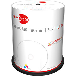 CD PRIMEON CD-R 700MB, 52x, Printable Inkjet, 100 Copë