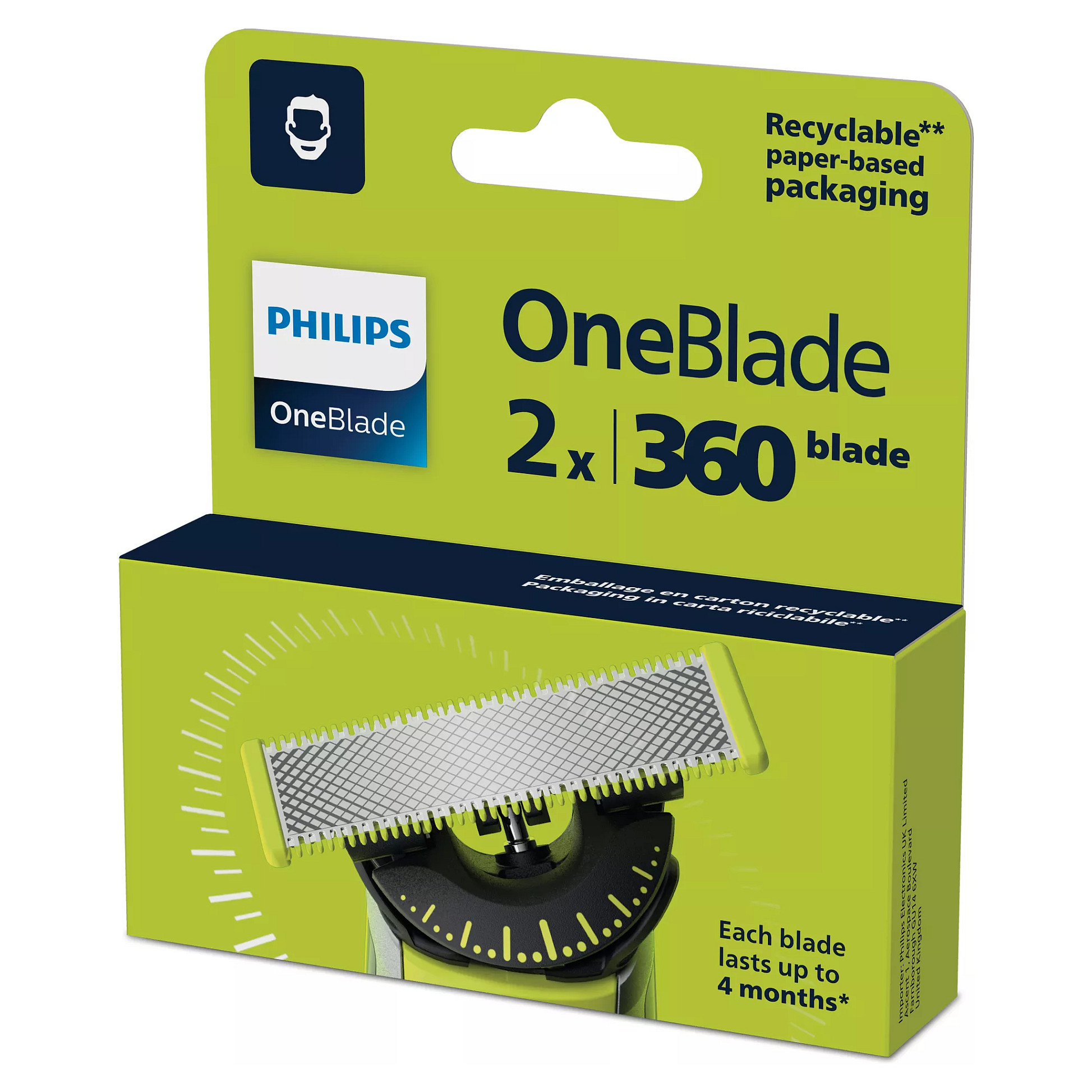Teh zëvendësues për makinë rroje Philips OneBlade 360 QP420/50 / 360 Blade / Anti-Friction / Dual Protection / Contour-Following / 2 Copë - Zezë/Argjend/Gjelbër 2