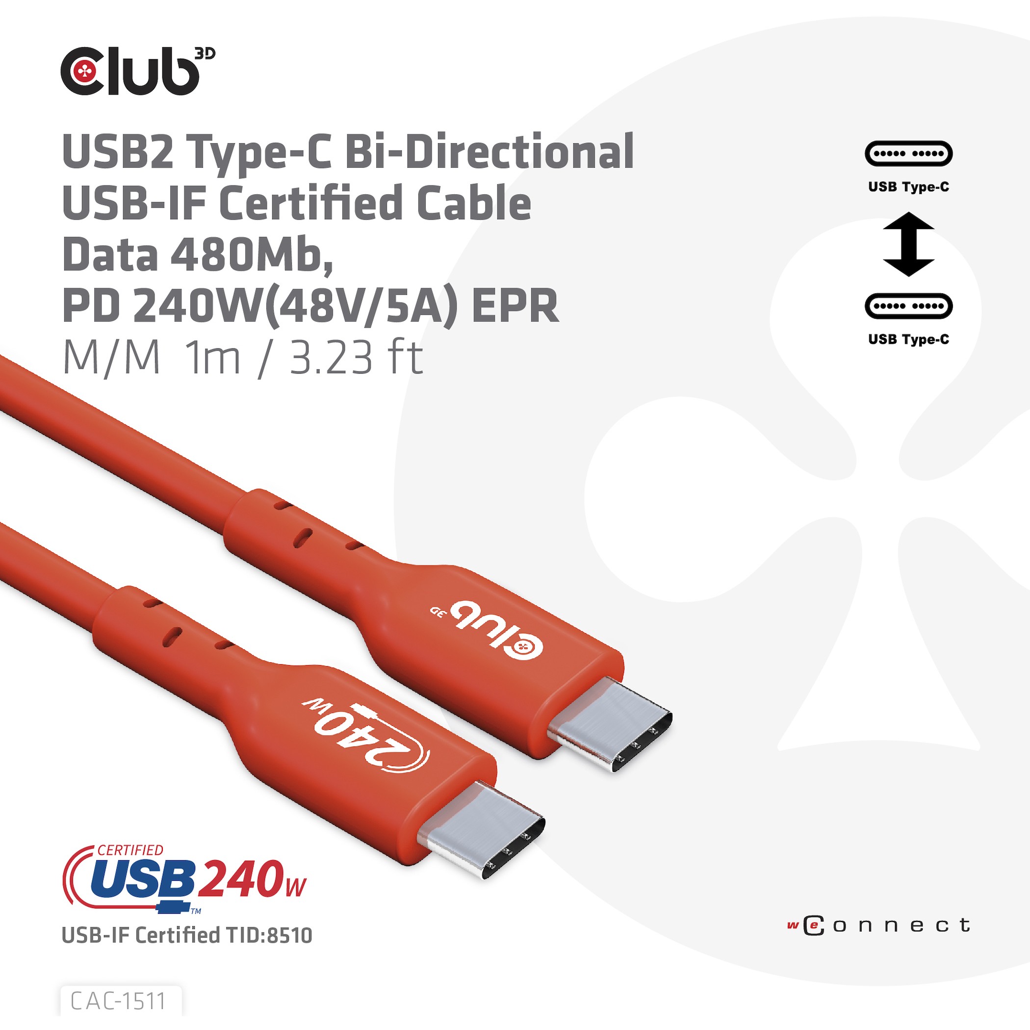Kabllo USB-C CLUB3D CAC-1515, USB-C në USB-C, 4 m, USB 2.0, 480 Mbps, PD 240 W – Portokalli 6