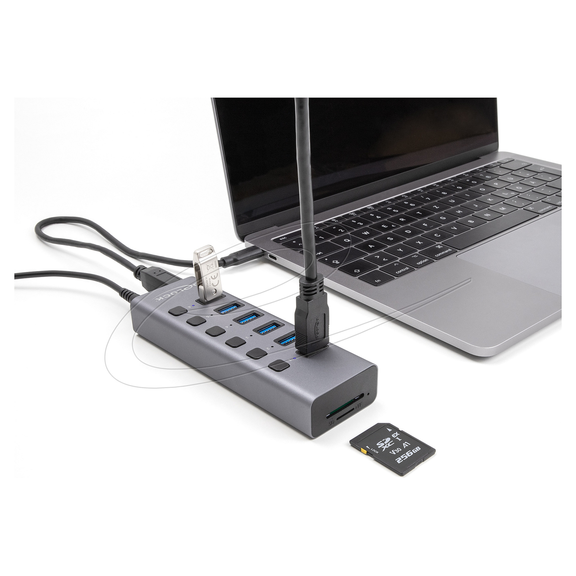 Hub DeLOCK 64237 , 6x USB-A , USB 5Gbps , Lexues SD dhe MicroSD , Ndërprerës Individual , USB-A dhe USB-C , 20W - Gri 4