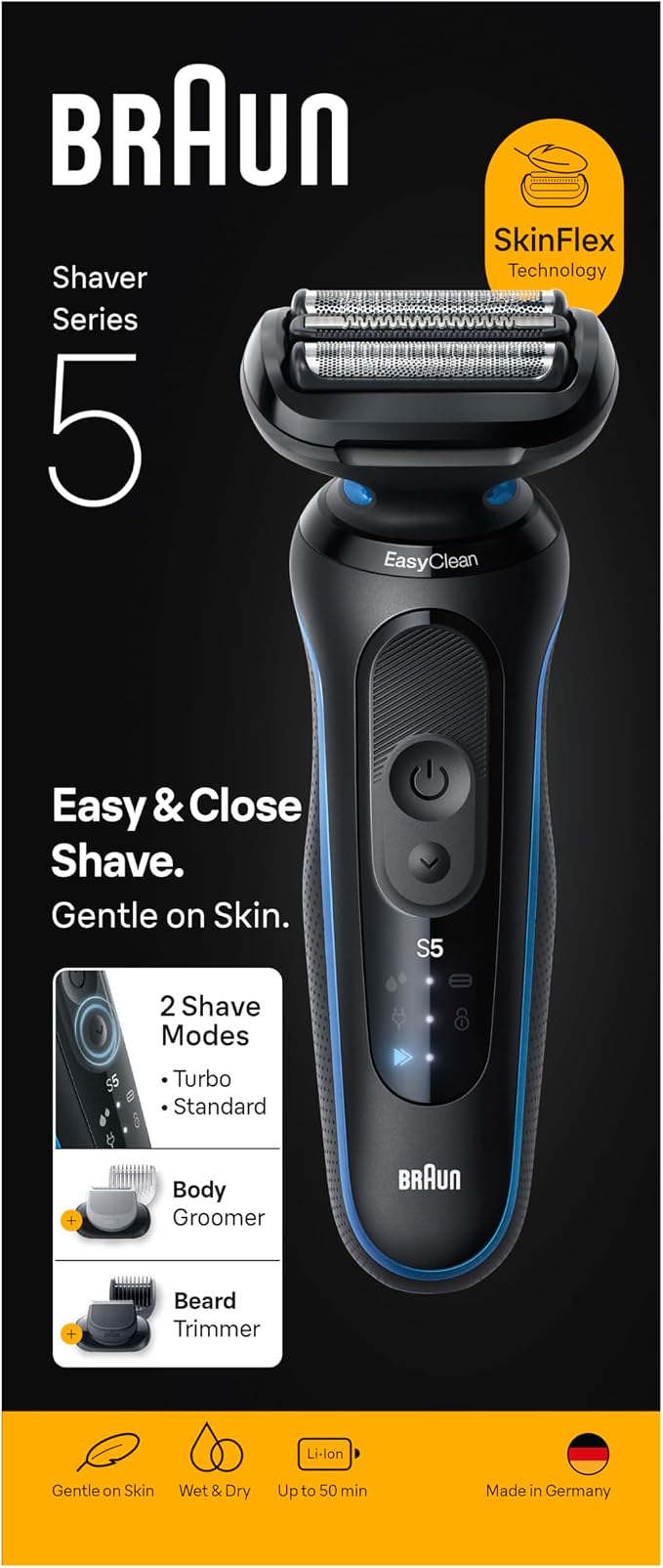 Makinë e rrojës Braun Series 5 52-B1650S / Wet & Dry / 100% Waterproof / EasyClick / Beard Trimmer / Body Groomer / 50 Min – Blu/Zezë 2