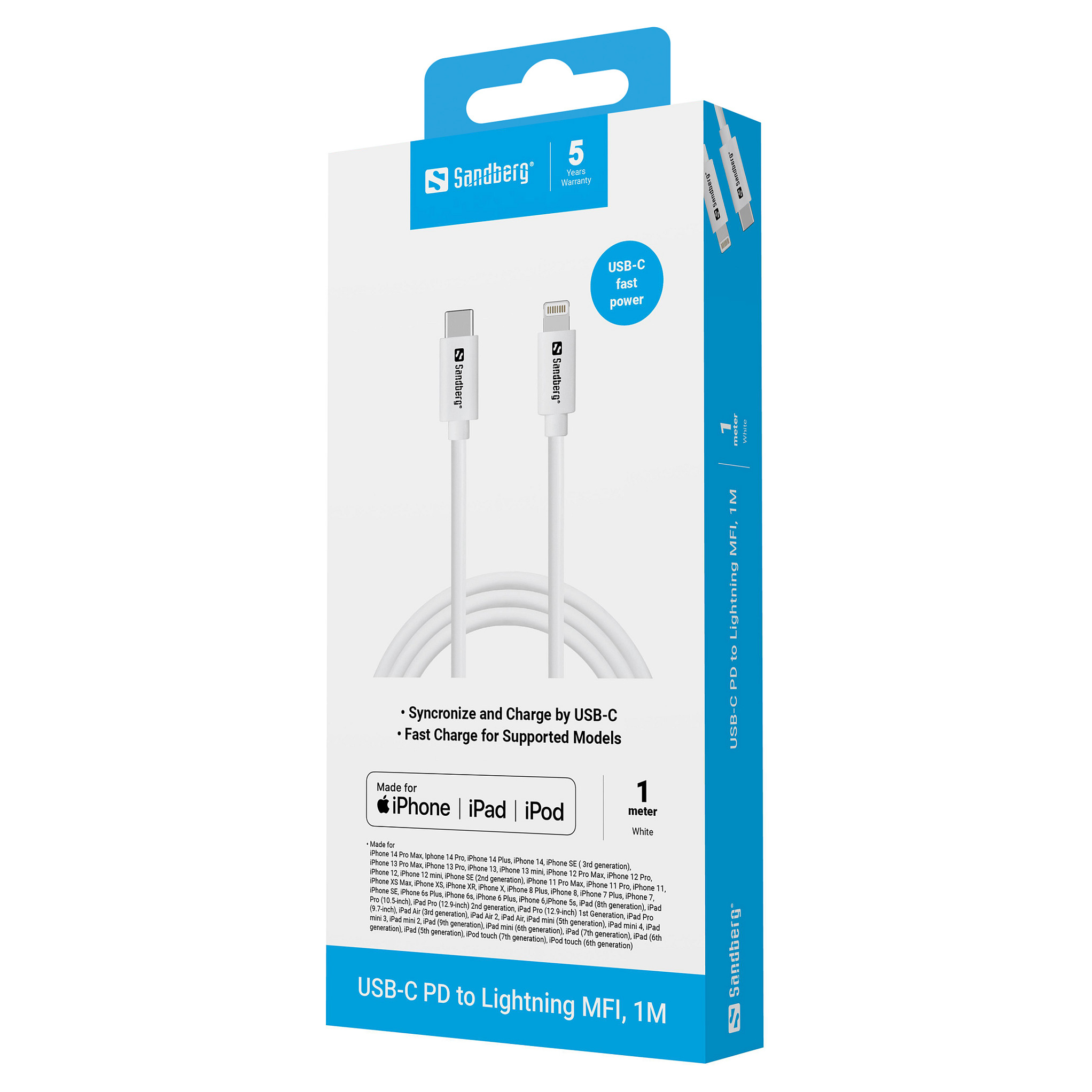 Kabllo USB Sandberg 136-58, USB-C në Lightning, 1 m, USB 3.1 Gen 1, MFi - Bardhë 3