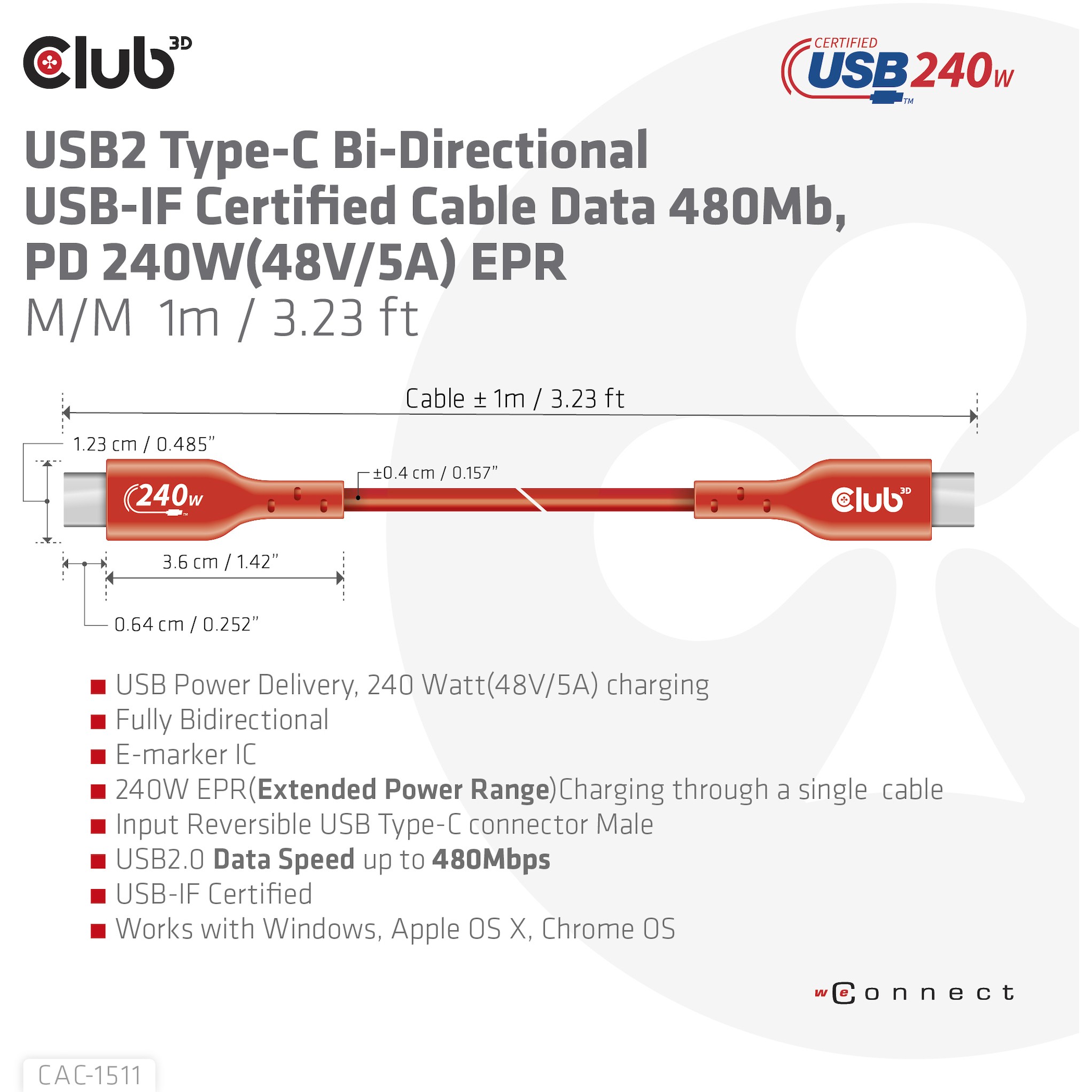 Kabllo USB-C CLUB3D CAC-1515, USB-C në USB-C, 4 m, USB 2.0, 480 Mbps, PD 240 W – Portokalli 7