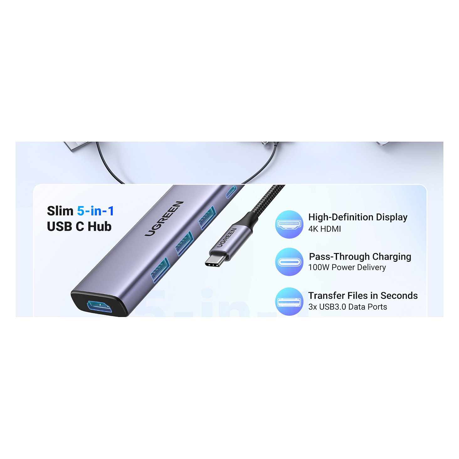 Hub USB-C UGREEN 20956A, 6-port, 3x USB-A 3.0, HDMI 4K 30Hz, SD/TF, 5Gbps - Argjend 6