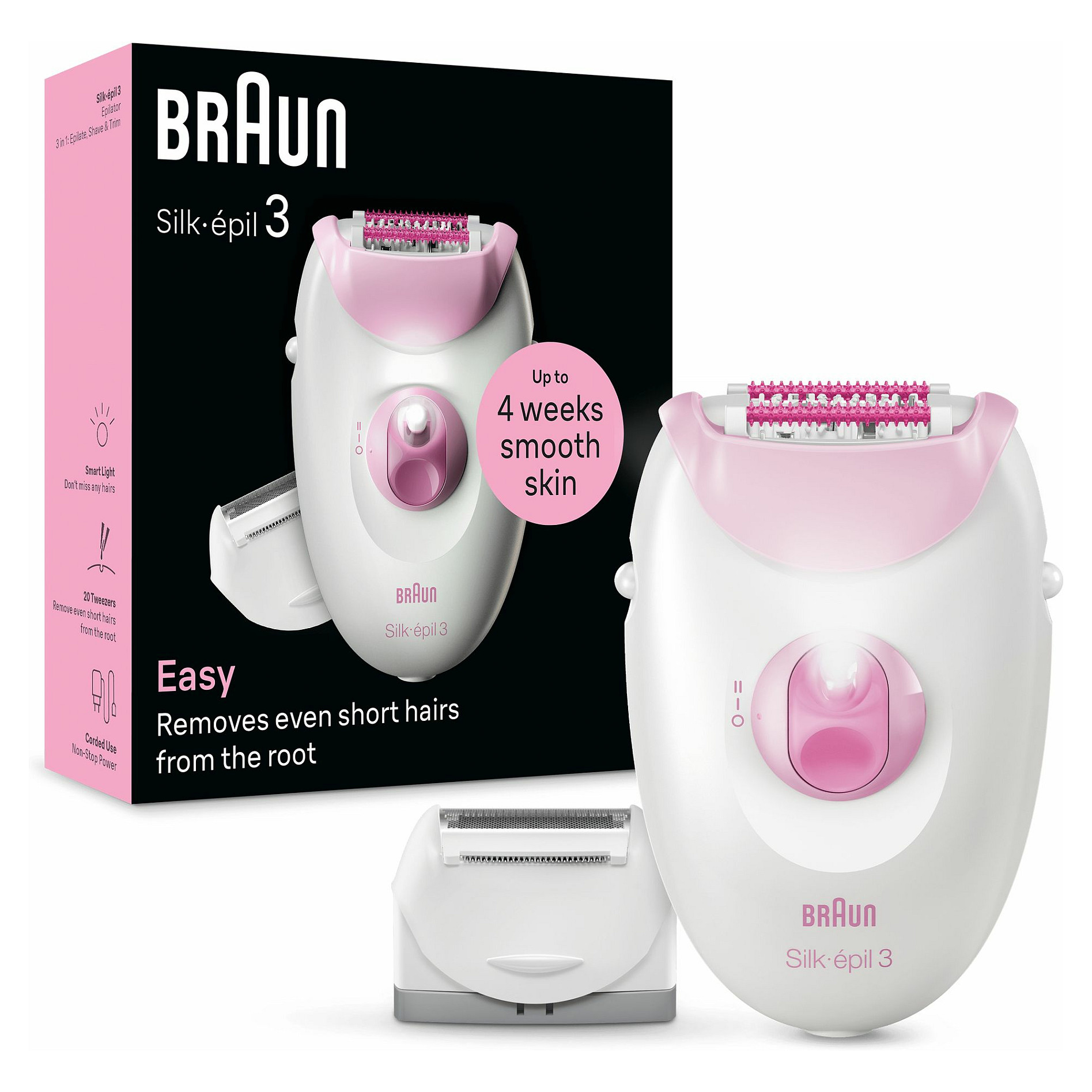Depilator Braun Silk-épil 3 3-031 / 20 Pinceta / SmartLight / 2 Shpejtësi / Massage Roller – Bardhë/Rozë
