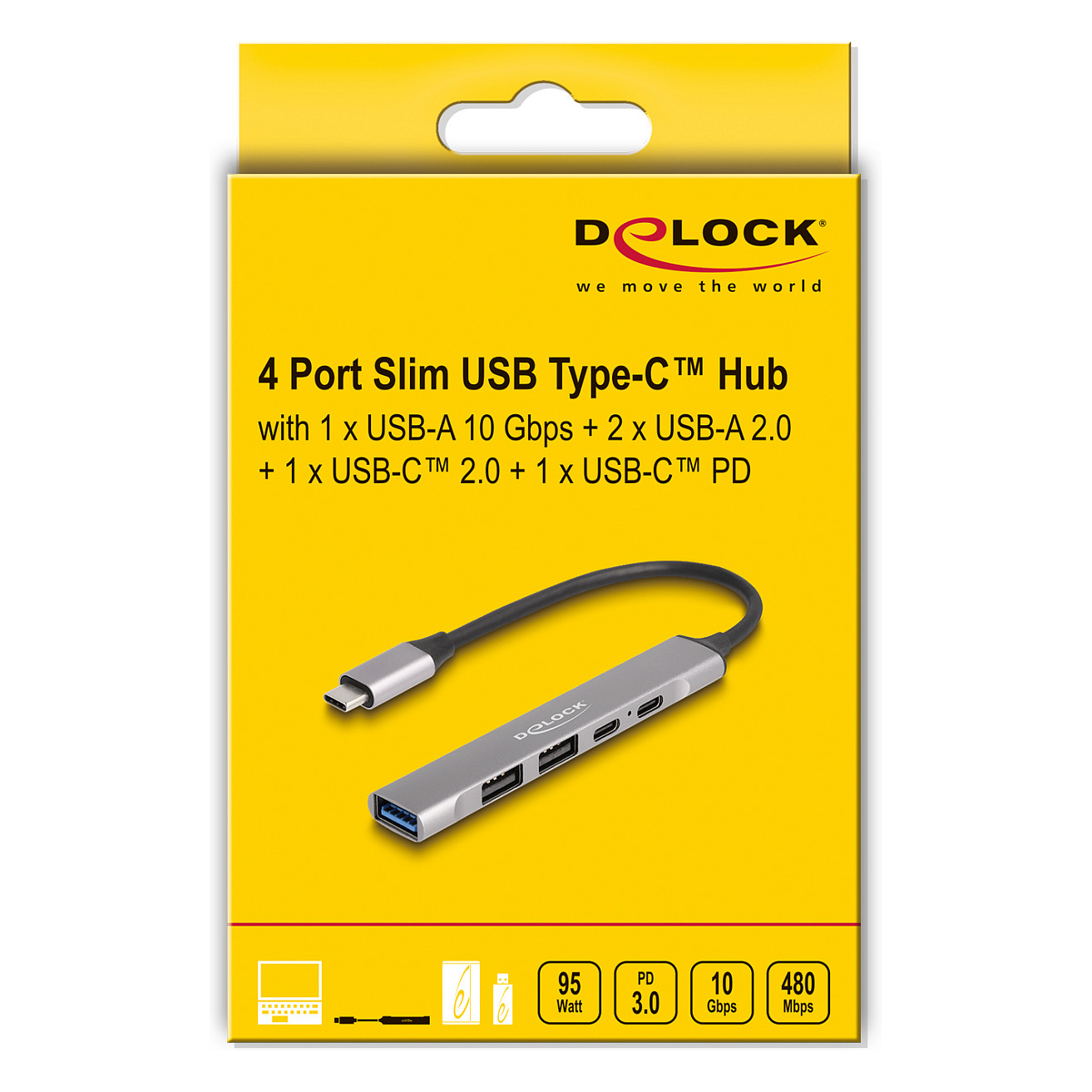 Hub USB DeLOCK 64298 / USB-C / 1x USB-A 10 Gbit/s + 2x USB-A 2.0 + 1x USB-C 2.0 / Power Delivery 95W / 0.15 m - Gri 3