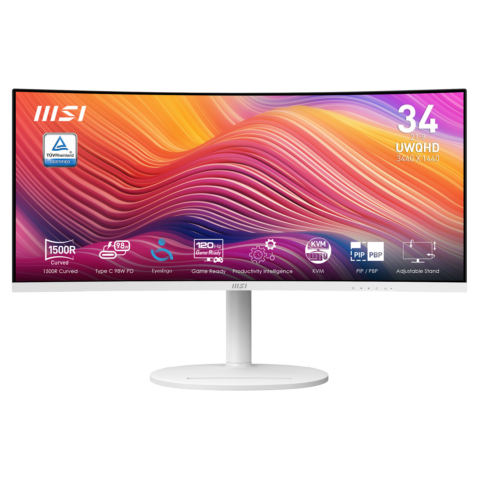 Monitor MSI Modern MD342CQPW, 34", UWQHD VA Curved, 120Hz, 1ms, 2xHDMI+DP+USB-C - Bardhë