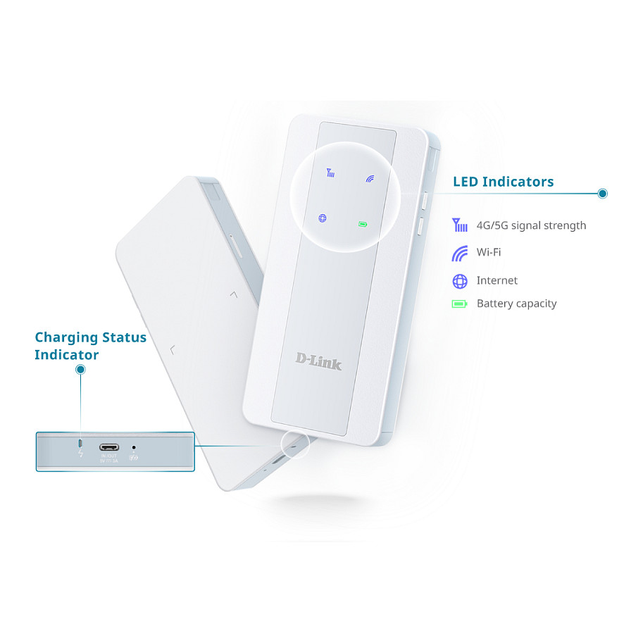 D-Link F518 Hotspot Mobil 5G NR / AX1800 Wi-Fi 6 / Nano SIM / Dual-Band 574Mbps + 1201Mbps / Bateri 8000mAh / USB-C Power Bank – Bardhë 9