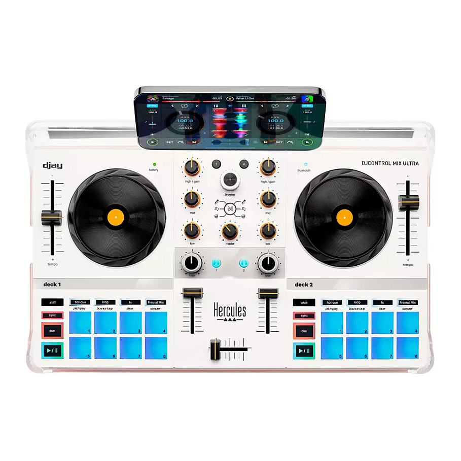 Kontroller DJ Hercules DJControl Mix Ultra, Bluetooth LE, bateri 1000 mAh, autonomi deri në 10 orë, 2 dekë virtuale, mbulesë mbrojtëse, kabllo USB-A në USB-C - Zezë 2