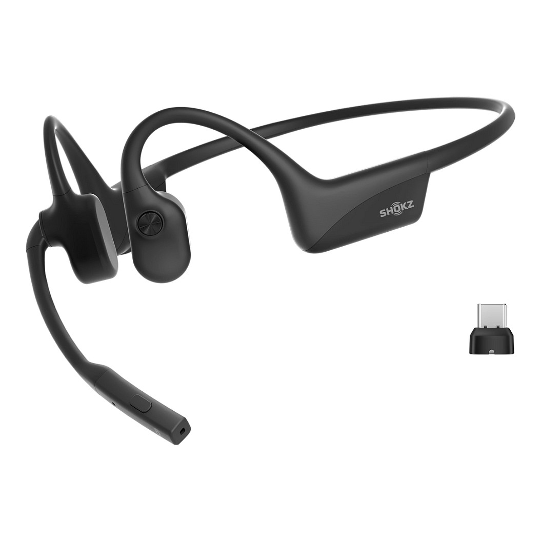 Kufje pa kabllo Shokz OpenComm2 UC 2025 Upgrade / Bone Conduction / Bluetooth / Loop120 USB-A / Mikrofon / 16 orë - Zezë