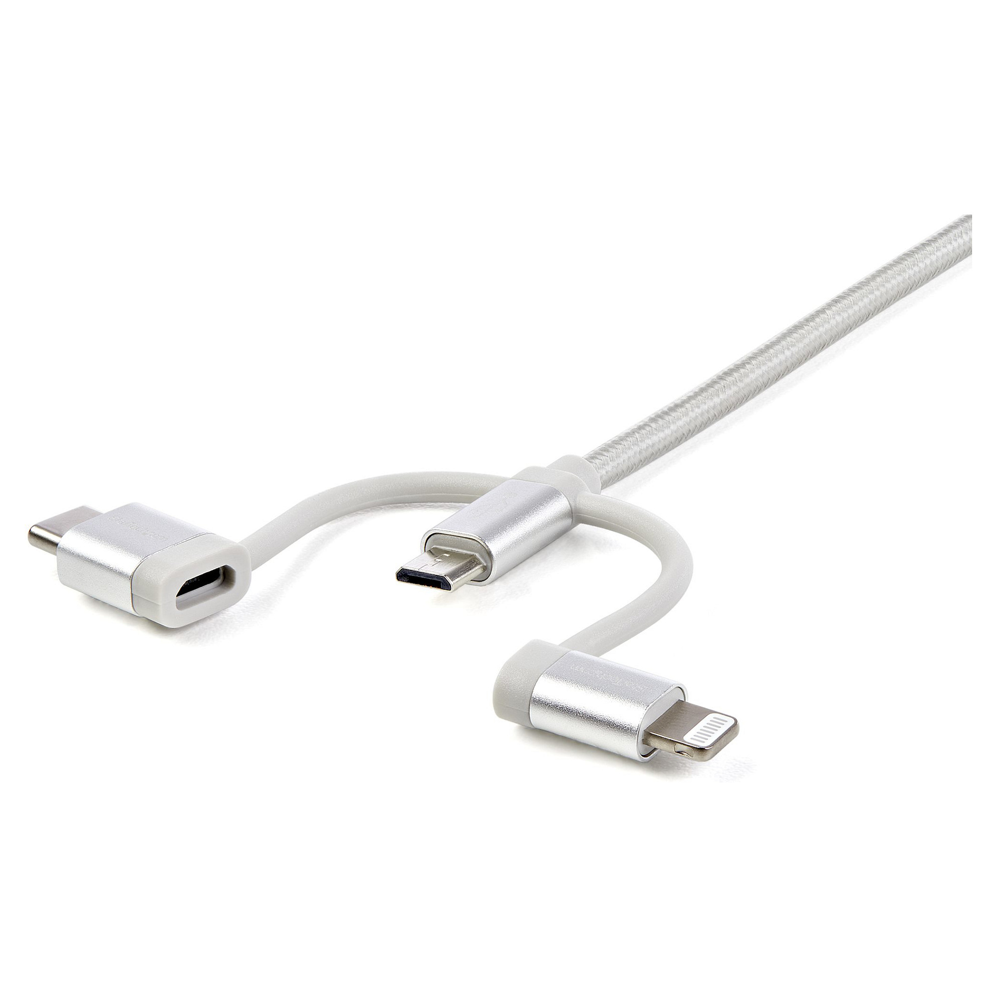 Kabllo USB StarTech.com LTCUB1MGR / USB-A në Lightning + USB-C + Micro-USB / 1m / USB 2.0 / 480Mbps - Argjend thumbnail 3