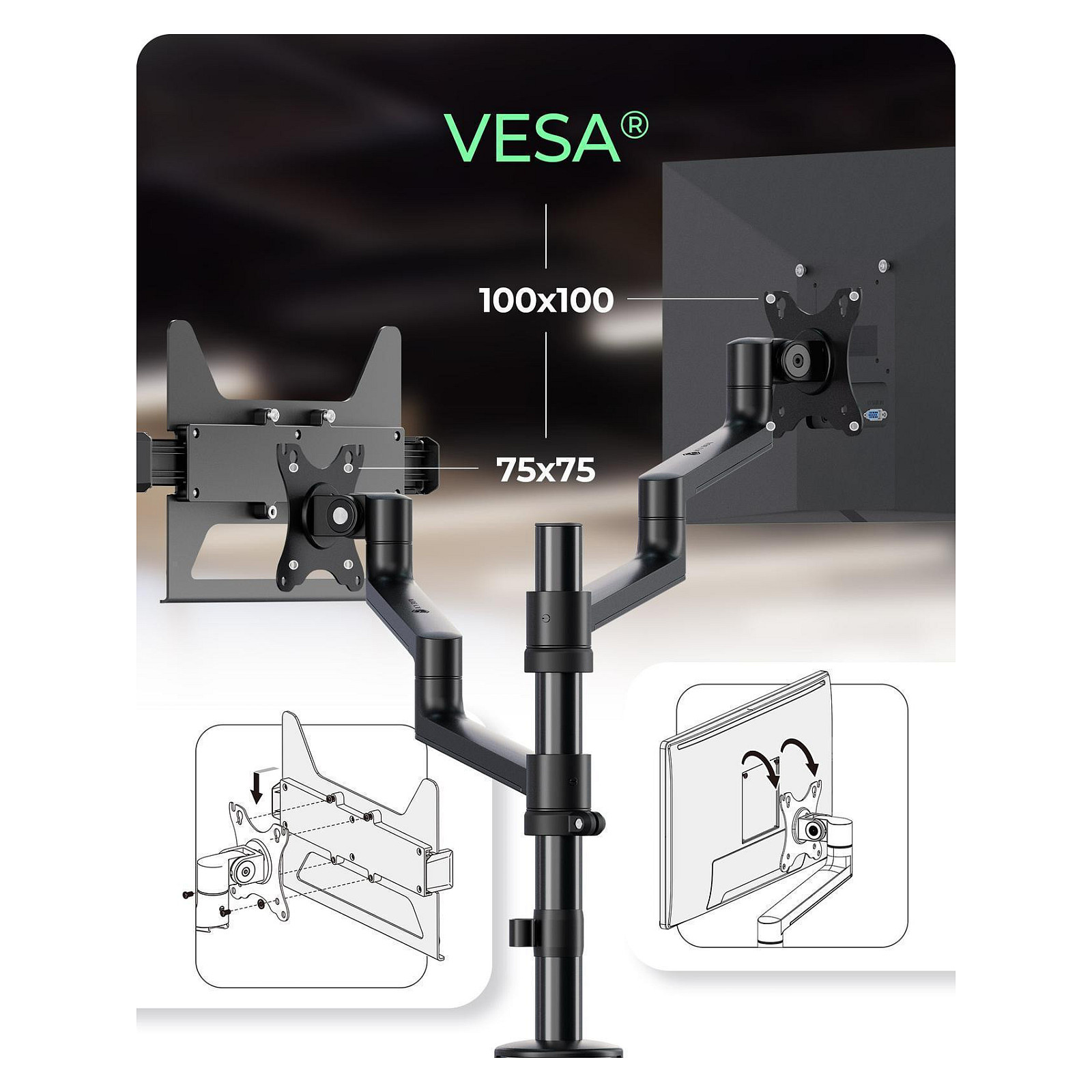Mbajtëse për Monitor ICY BOX IB-MS622-T , 1 Monitor , 17–32" , deri 8kg , Mbajtëse për Laptop , VESA 75x75 & 100x100 - Zezë 7