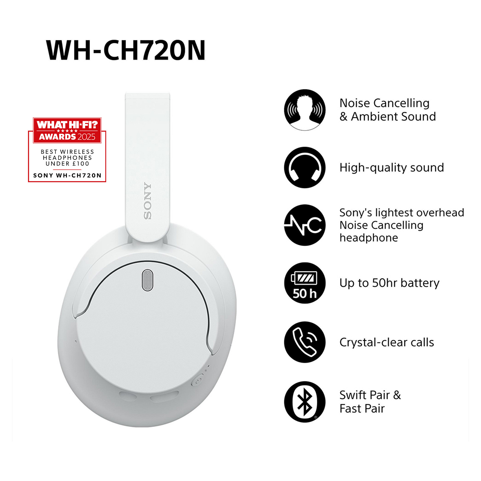 Kufje pa kabllo Sony WH-CH720N / Bluetooth 5.2 / 30mm / ANC / Mikrofon - Bardhë 2