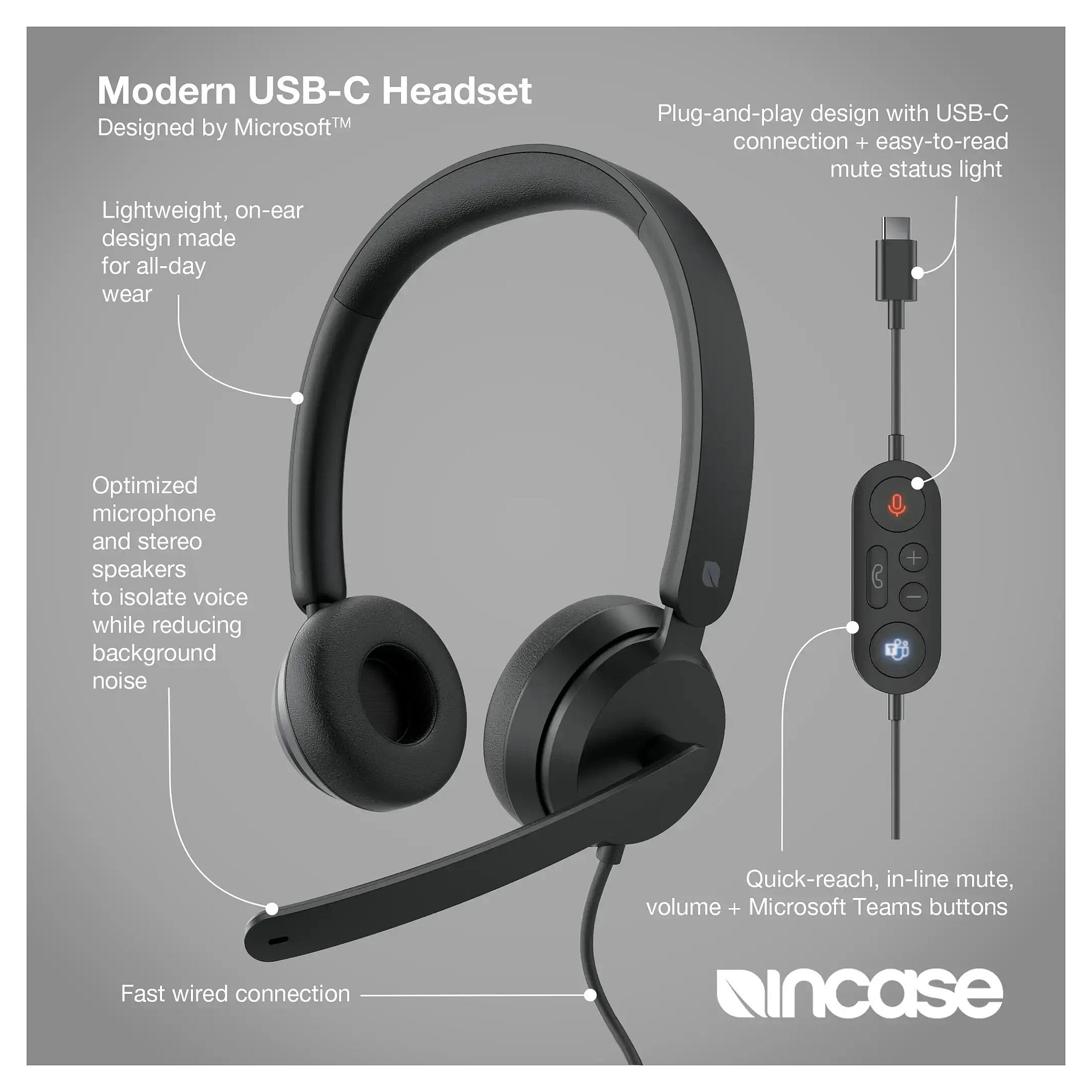 Kufje me kabllo Incase Designed by Microsoft Modern USB-C Headset / Stereo On-Ear / USB-C / Mikrofon me reduktim zhurme / Microsoft Teams – Zezë 3
