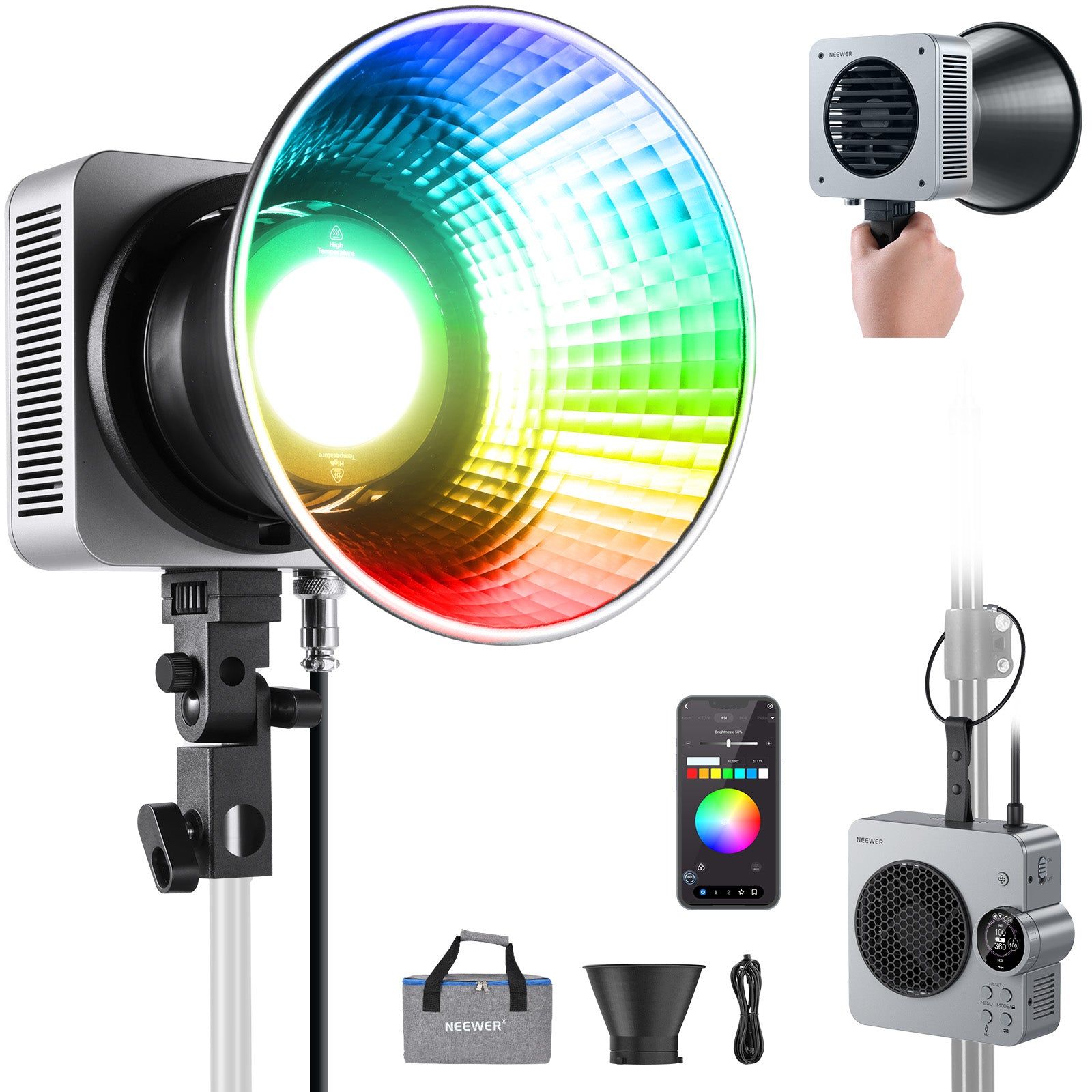 Dritë e Mençur Neewer HS200C, RGB, 280W, 150000Lux, 2500-7500K, CRI 95+, TLCI 97+, Bowens Mount - Zezë