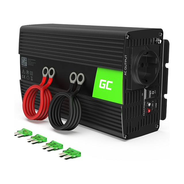 Inverter Green Cell INV23, 24 V në 230 V, 1000 W / 2000 W, Sinusoidë e Modifikuar, USB – Zezë