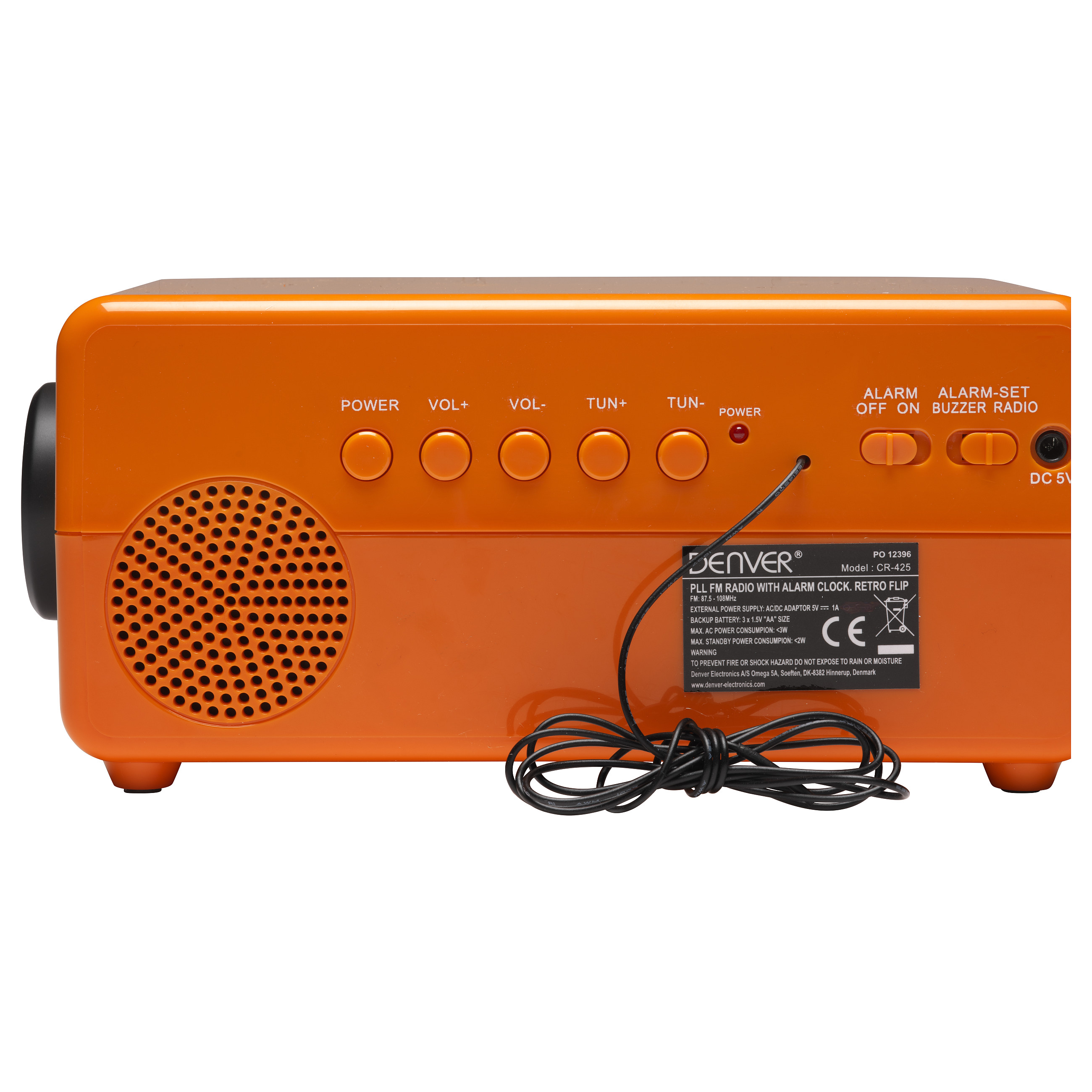 Radio me orë dhe alarm Denver CR-425, FM PLL, ekran me shifra retro, zgjim me radio ose sinjal zanor, bateri rezervë AA - Portokalli 5