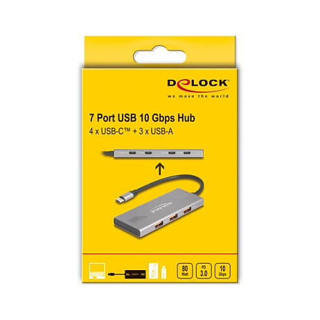 Hub USB DeLOCK 64313 / USB 10 Gbit/s / 4x USB-C + 3x USB-A / Power Delivery 80W / 0.18 m - Gri 4