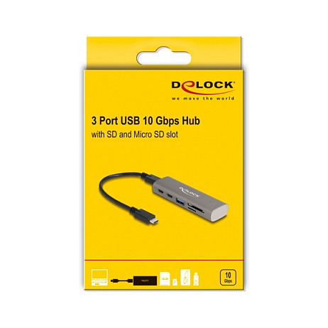 Hub USB DeLOCK 64236 / USB 10 Gbit/s / 2x USB-C + 1x USB-A / SD + Micro SD / 20 cm - Gri 4