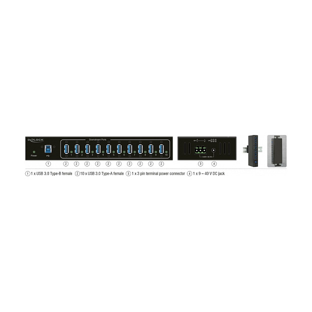 Hub DeLOCK 63919, 10x USB-A, USB 5Gbps, USB-B, 9–40V DC, 20kV ESD, Metal, Montim në Mur - Zezë 5