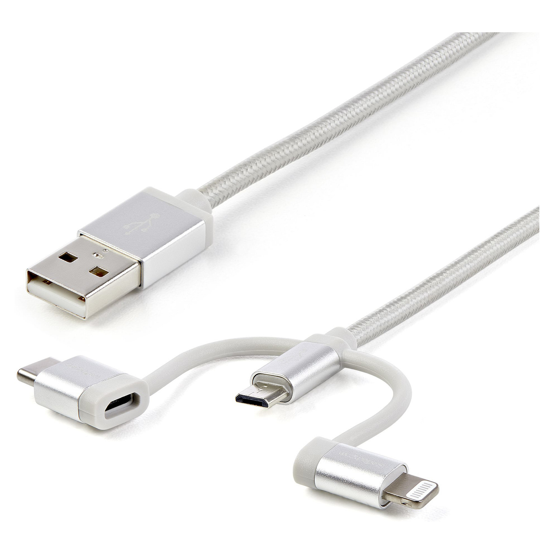 Kabllo USB StarTech.com LTCUB1MGR / USB-A në Lightning + USB-C + Micro-USB / 1m / USB 2.0 / 480Mbps - Argjend