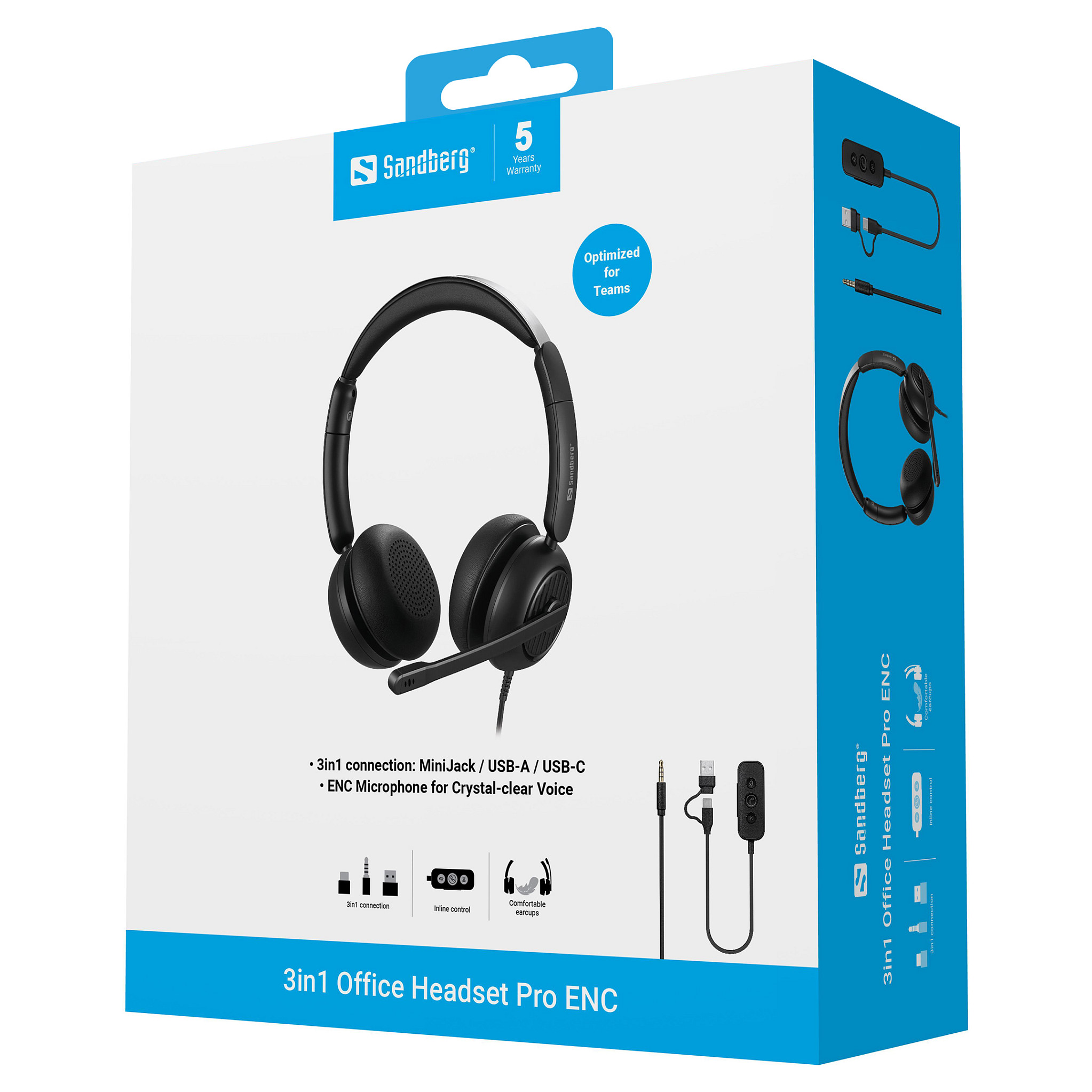 Kufje me kabllo Sandberg 3in1 Office Headset Pro ENC 126-54 / 3.5mm / USB-A / USB-C / 40mm / 20-20000Hz / ENC / Mikrofon / 1.2m - Zezë 6
