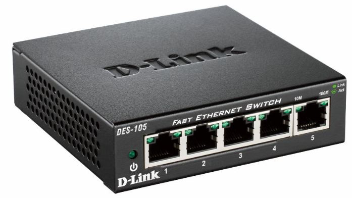 D-Link DES-105 5-Port Fast Ethernet Unmanaged Desktop Switch – 5x RJ45 10/100Mbps, Metal Housing, Fanless, Plug & Play, Zezë