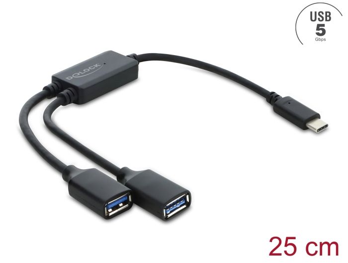 Hub USB-C DeLOCK, 2x USB-A, 5Gbps, kabllo 25 cm - Zezë
