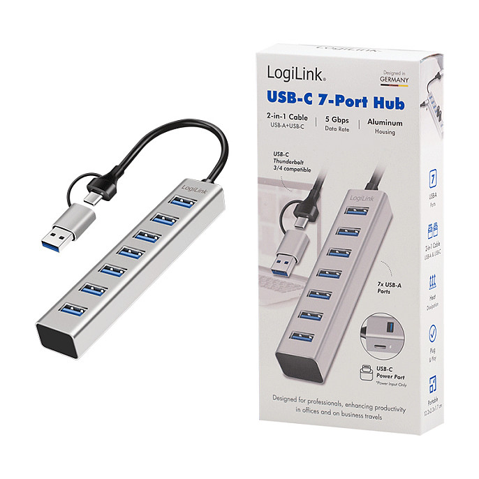 Hub USB-A LogiLink UA0441, 7x USB-A, USB 3.0, 5Gbps, kabllo 2-në-1, alumin - Argjend 4