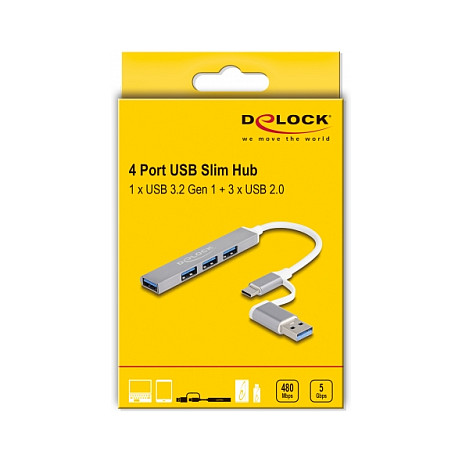 Hub USB DeLOCK 64214 / USB 5 Gbit/s / 4x USB-A / 3x USB 2.0 + 1x USB 5 Gbit/s / USB-C + USB-A / 0.1 m - Argjend 3