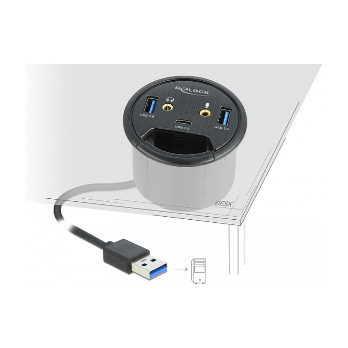 Hub USB DeLOCK 62794 / USB 3.2 Gen 1 / 1x USB-C + 2x USB-A / 2x Audio 3.5 mm / Montim në Tavolinë / 1.5 m - Zezë 3