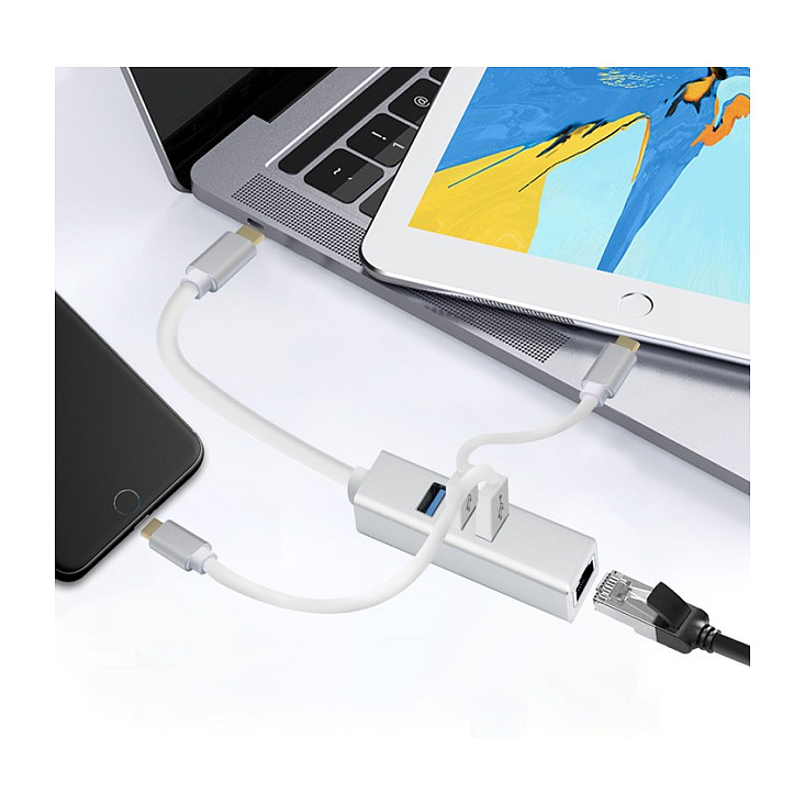 Hub USB-C Helos 288390, 3x USB-A 3.0, RJ45 Gigabit Ethernet, 10/100/1000Mbps, 0.1m - Argjend 2