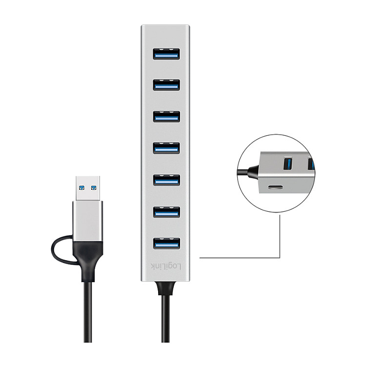 Hub USB-A LogiLink UA0441, 7x USB-A, USB 3.0, 5Gbps, kabllo 2-në-1, alumin - Argjend 5