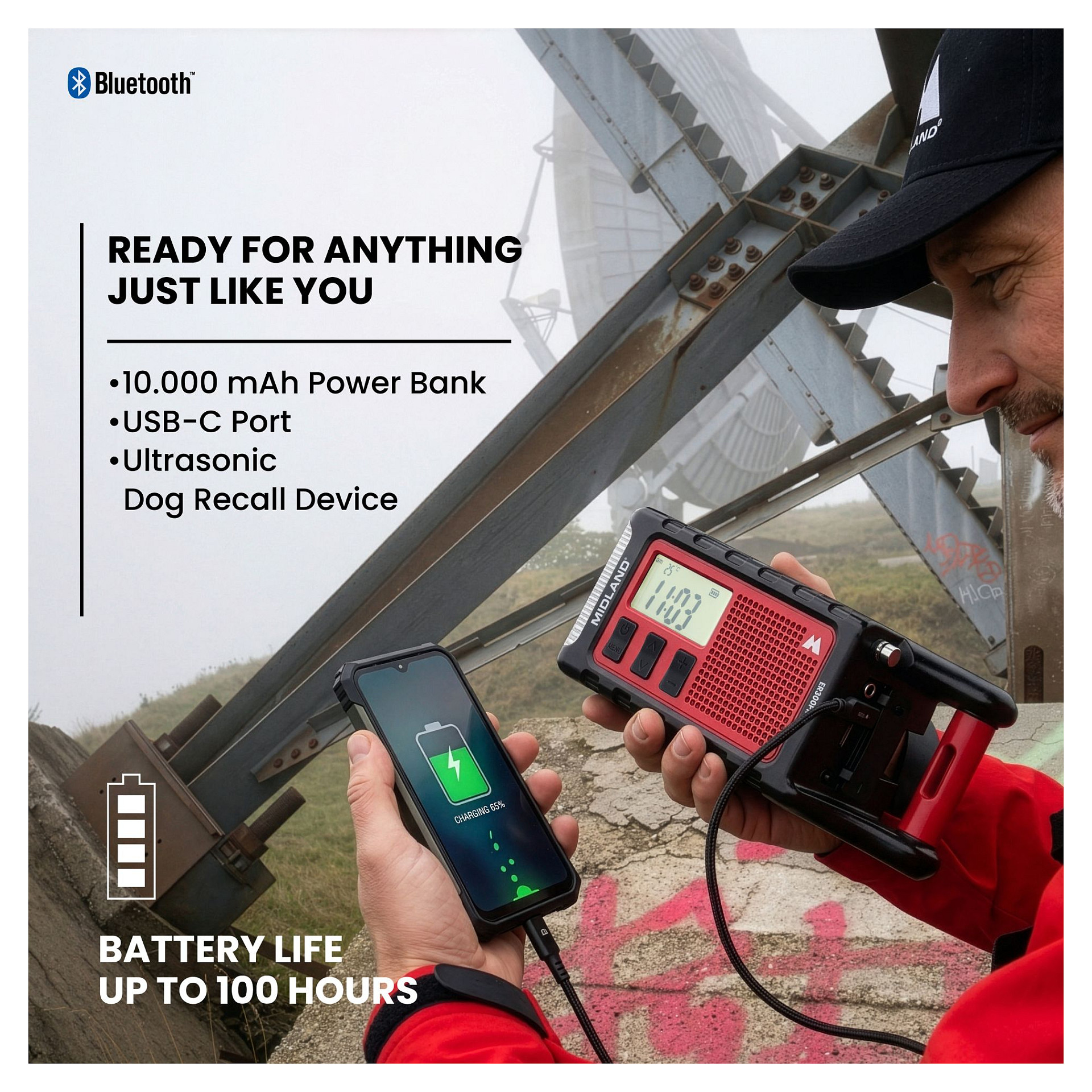 Radio Emergjence Midland ER 300 Pro, Bateri Li-Ion 10.000 mAh, USB-C – Zezë, Kuqe 5