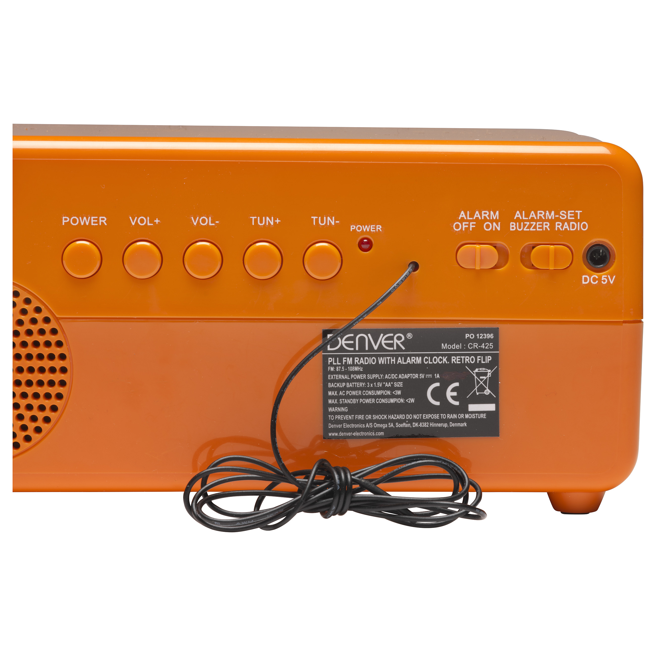 Radio me orë dhe alarm Denver CR-425, FM PLL, ekran me shifra retro, zgjim me radio ose sinjal zanor, bateri rezervë AA - Portokalli 4