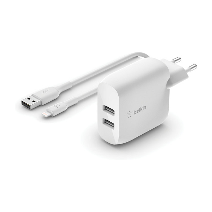 Karikues Belkin WCD001VF1MWH, 24W, 2x USB-A, me Kabllo USB-A në Lightning, 1m – Bardhë