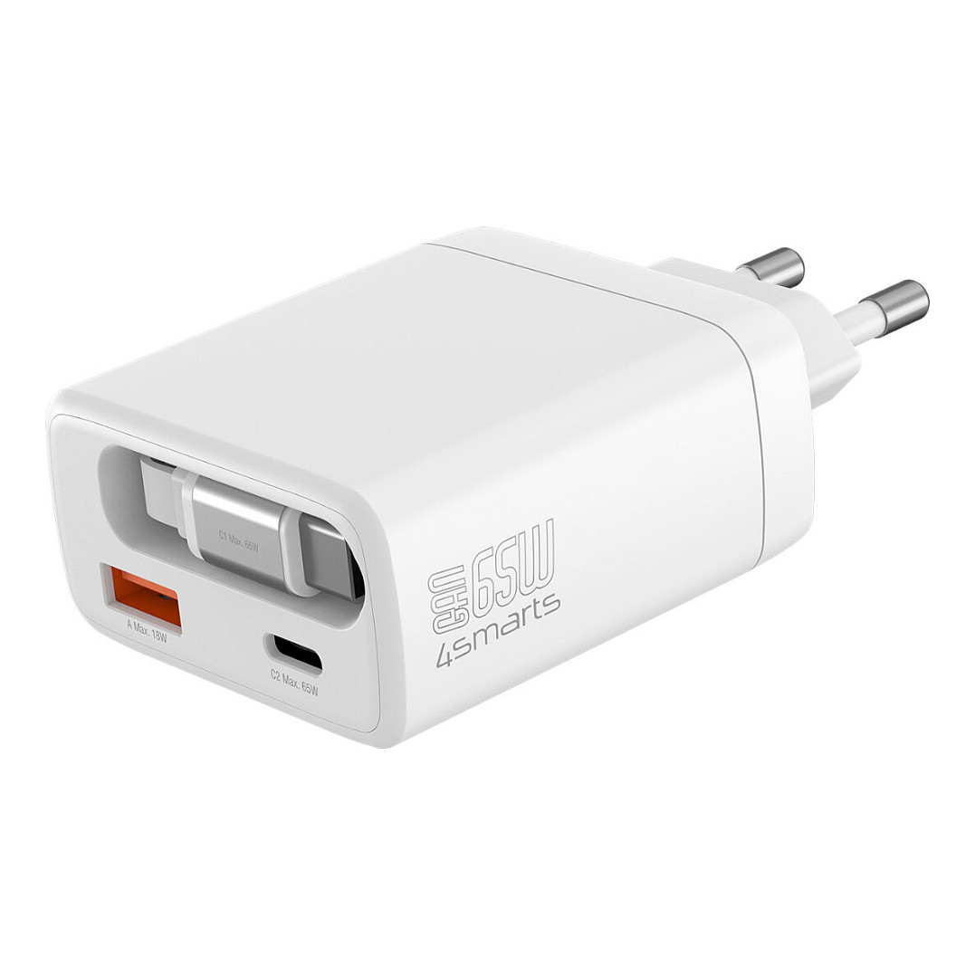 Karikues 4smarts PDPlug Slim Jojo, GaN, 65W, 2x USB-C, USB-A, Kabllo USB-C e Tërheqshme 60cm – Bardhë